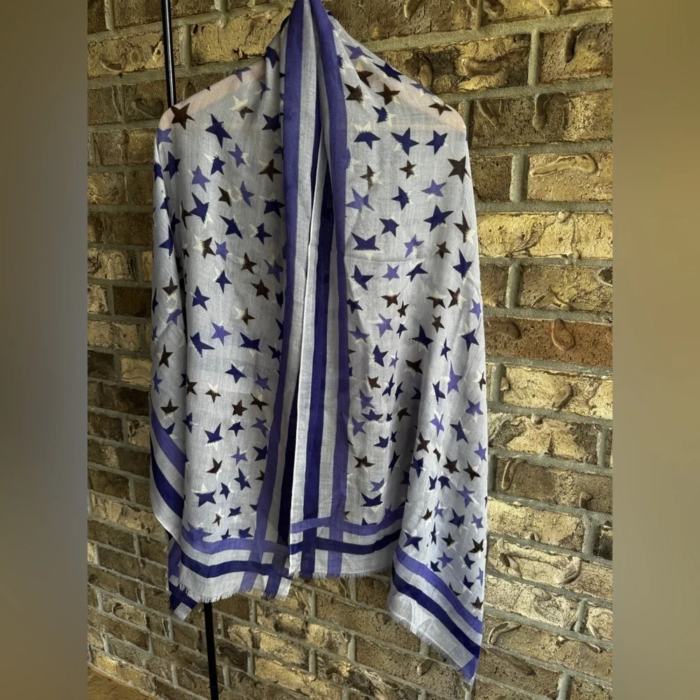GERARD DAREL Star Patterned Gray and Blue Scarf 100% Wool